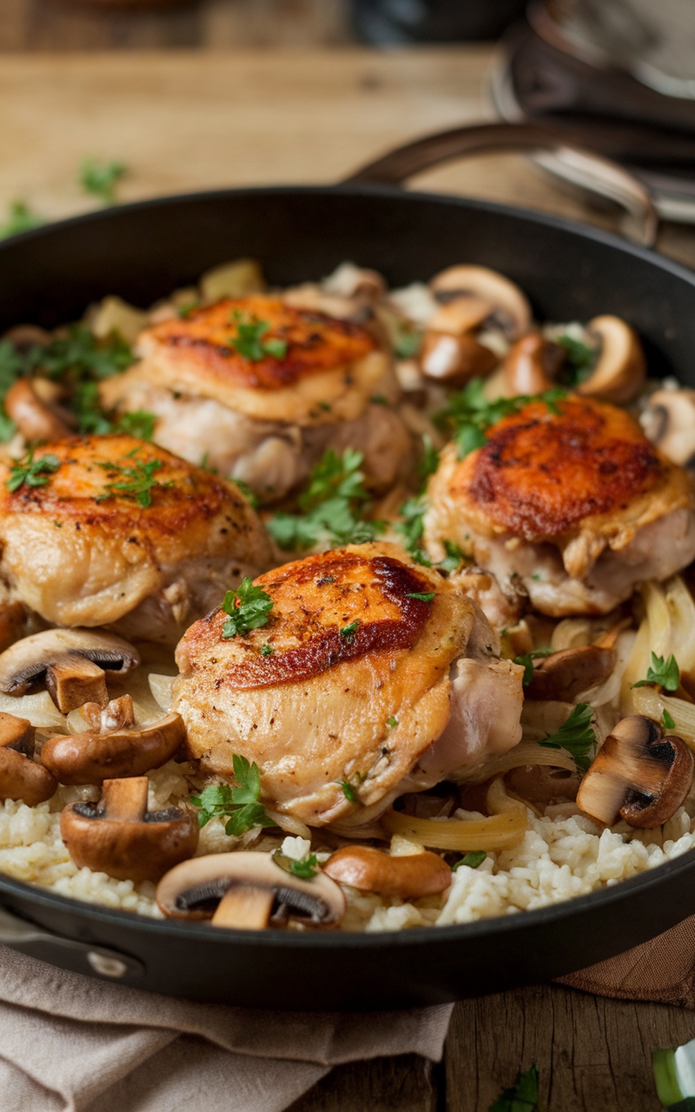 One-pan baked chicken with mushrooms and onions served over rice, garnished with parsley.